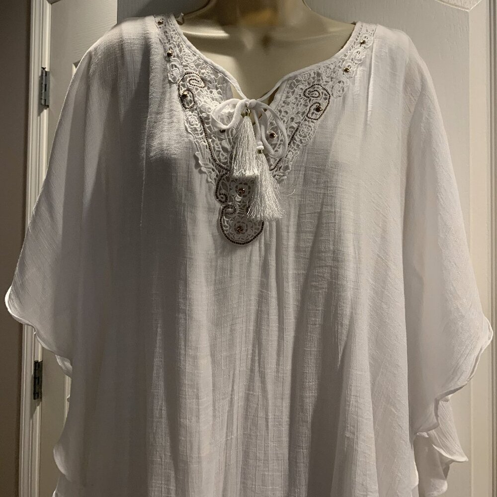 JM Collection White Poncho Top with Embellished Neckline - Picture 2 of 8